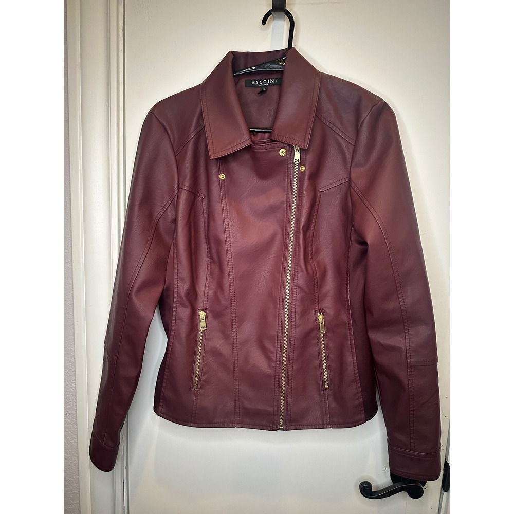 Baccini Womens Burgundy Faux Leather Moto Jacket Gold Zip Size M